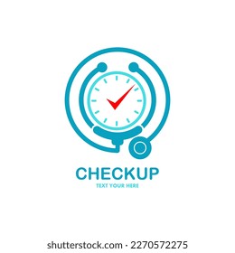 Medical checkup time vector logo template. there are stethoscope and watch symbol