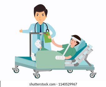 Medical Checkup And Treatment. Man With Broken Leg And Hand In Hospital. Vector Illustration