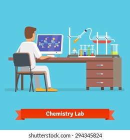 Medical chemistry lab worker researching molecular structure of chemical compound received in experiment. Flat vector illustration.