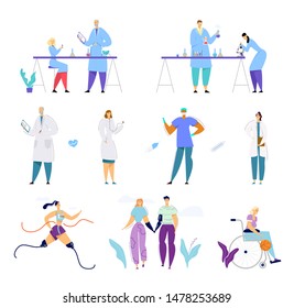 Medical and Chemistry Science Staff, Handicapped People Set. Medicine Concept with Disabled Characters Activity and Relations, Doctors and Scientists Working Process Cartoon Flat Vector Illustration