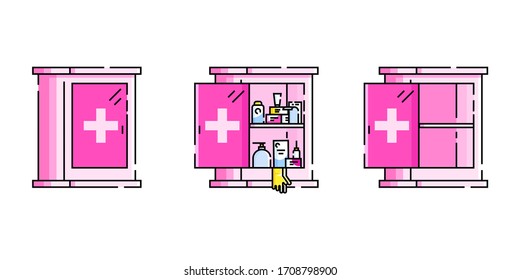 Medical chest. Closed, open with medicines and empty with  set of medications necessary for the prevention of epidemics, flu, colds. Illustration in  linear style.