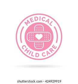 Medical Child Care Badge Symbol With Pink Heart And Plaster Bandaid Icon. Vector Illustration.