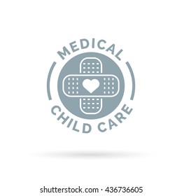 Medical Child Care Symbol With Heart And Plaster Bandaid Icon. Vector Illustration.