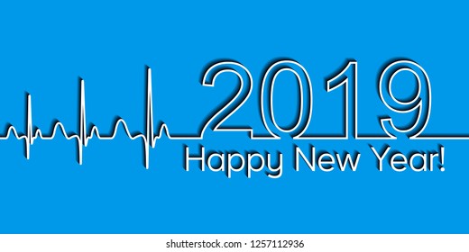 Medical Christmas banner, 2019 happy new year, vector 2019 health medical style wave heartbeat, concept healthy lifestyle, 3D effect with shadow