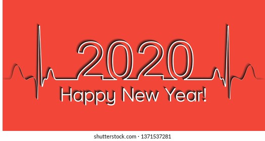 Medical Christmas Banner, 2020 Happy New Year, Vector 2020 Health Medical Style Wave Heartbeat New Year