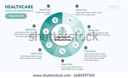 Medical circular infographics template - 7 segment diagram illustration for business presentation slide with flat icons and teal green color