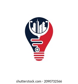 Medizinische Stadtbulbe Form Vektorlogo-Vorlage. Stethoskop und Stadtvektor. Städtisches Arzneimittel-Logo	