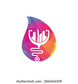 Medical city drop shape vector logo template. stethoscope and city vector. City medicine logo
