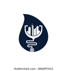 Medical city drop shape vector logo template. stethoscope and city vector. City medicine logo