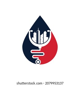 Medical city drop shape vector logo template. stethoscope and city vector. City medicine logo	