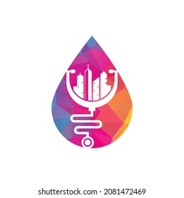 Medical city drop shape vector logo template. stethoscope and city vector. City medicine logo	