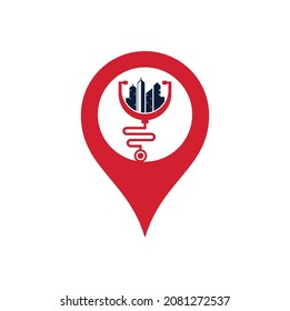 Medical city gps shape vector logo template. stethoscope and city vector. City medicine logo