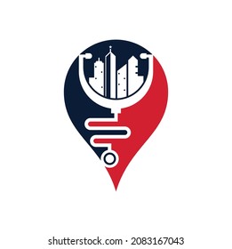 Medical city gps shape vector logo template. stethoscope and city vector. City medicine logo