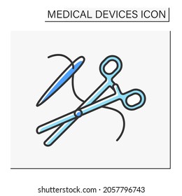  Medical clamps color icon. Surgical instruments.Device for compressing a part or structure. Scissors and needle.Medical devices concept. Isolated vector illustration