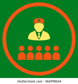 Medical Class vector icon. Style is bicolor flat circled symbol, orange and yellow colors, rounded angles, green background.