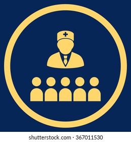 Medical Class vector icon. Style is flat circled symbol, yellow color, rounded angles, blue background.