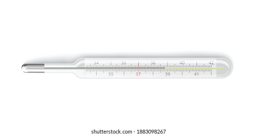 Medical classic thermometer with measuring fever body temperature. Glass mercury thermometer for usage hospital or home. Vector realistic 3D isolated illustration.