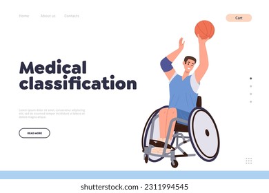 Medical classification landing page design template with portrait of sportsman in wheelchair