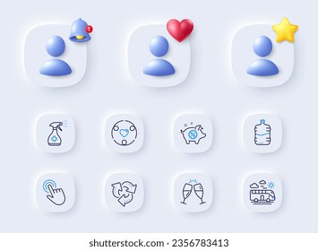 Medical cleaning, Cursor and Bus travel line icons. Placeholder with 3d bell, star, heart. Pack of Piggy sale, Inclusion, Champagne glasses icon. Cooler bottle, Recycle pictogram. Vector