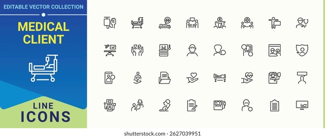 Medical Client line icon set. Contains related to doctor, medicine, health, hospital, care, medical and more. Patient linear icon set. Modern thin line style icons. Editable vector. Pixel perfect.