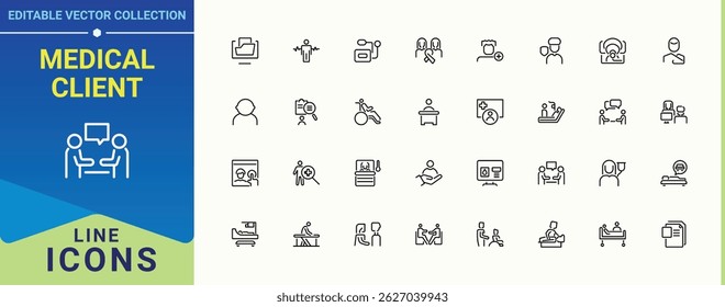 Medical Client related icon set. Contain linear sign health, treatment, hospital, sick, care and more. Patient icon set. Outline symbol collection. Vector illustration.