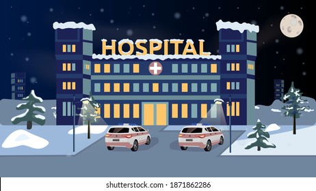 Medical Clinic With Ambulances. Outside View Of The Hospital At Night. Winter Evening. Snow In The City On The Building. Health Care. Medicine. Vector