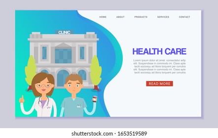 Medical clinic building web vector template. Cartoon illustration of medics doctors standing in front of hospital building. Medicine diagnostic web banner. Medicine health care webpage.