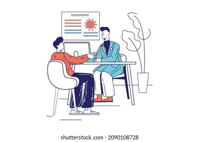 Medical clinic concept in flat line design for web banner. Man at doctor appointment, therapist consults and diagnoses patient, modern people scene. Vector illustration in outline graphic style