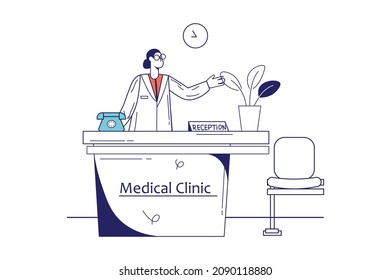 Concepto de clínica médica en diseño de línea plana para banner web. Una enfermera trabaja en la recepción, hace citas con un médico y gente moderna. Ilustración del vector en el estilo gráfico de contorno