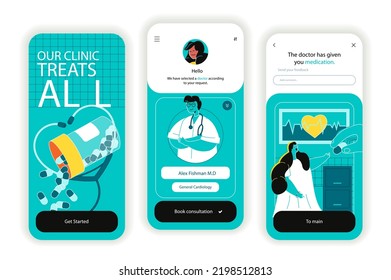 Medical clinic concept onboarding screens. Online doctor consultations and purchase of medicines in pharmacy. UI, UX, GUI user interface kit with flat people scene. Vector illustration for web design