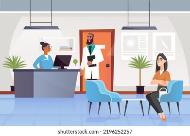 Medical clinic concept with people scene in the background cartoon design. Girl is waiting for an appointment with a doctor in the hospital corridor. Vector illustration.