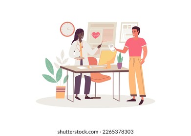 Medical clinic concept with people scene in the flat cartoon style. Patient came to the hospital to see the doctor to consult about the disease. Vector illustration.