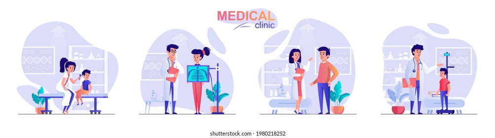 Medical clinic concept scenes set. Doctor diagnoses patient, children at pediatrician appointment, woman makes x-ray. Collection of people activities. Vector illustration of characters in flat design