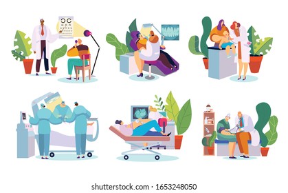 Medical clinic doctor and patient in hospital, cartoon character vector illustration. Professional healthcare treatment, ophthalmologist, dentist, pediatrician and surgeon doctor, medical hospital set