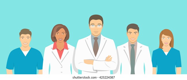 Medical clinic doctors and nurses team vector flat illustration. Group of healthcare specialists, physicians, men and women in white coats. Hospital staff horizontal background. Medicare counseling