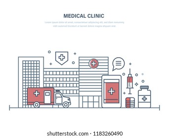 Medical clinic, facade of hospital building, medical facility. Providing assistance. Mobile application of first aid. Ambulance, treatment, prevention, healthcare. Illustration thin line design.