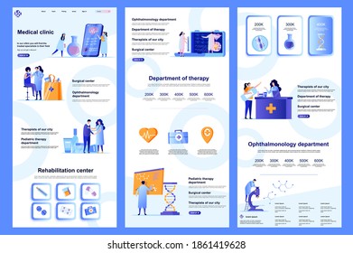 Medical clinic flat landing page. Medical rehabilitation center, modern hospital corporate website design. Web banner with header, middle content, footer. Vector illustration with people characters.