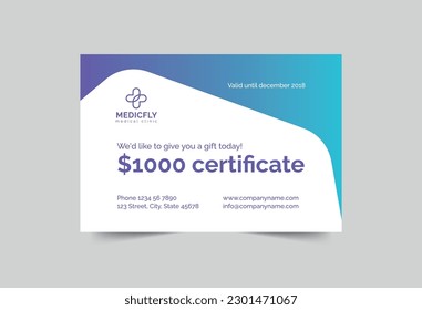 Medical Clinic gift certificate template. A clean, modern, and high-quality design gift certificate vector design. Editable and customize template gift certificate
