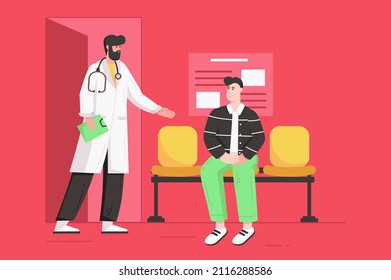 Clínica médica y servicio de salud concepto moderno plano. El médico masculino invita al paciente a entrar al consultorio para ser examinado y consultado. Ilustración vectorial con escena de personas para diseño de banners web