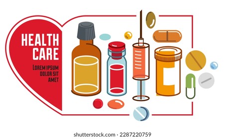 Volante de clínicas médicas u hospitales en forma de corazón, gran composición de medicamentos vectores de ilustración plana aislado, banner publicitario de atención de la salud y diseño de temas médicos curativos.