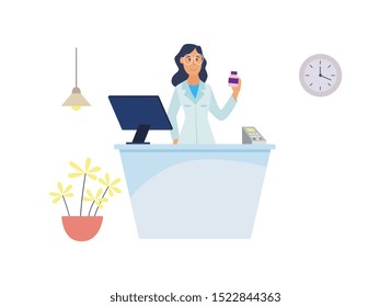 Medical clinic or hospital reception desk with cartoon woman holding pill bottle and smiling. Pharmacy worker standing by cash register counter - isolated flat vector illustration