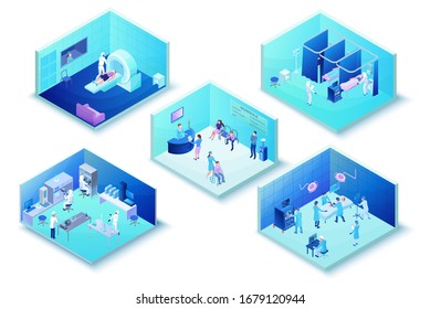 Medical clinic infographics of hospital with 2019-nCoV Coronavirus patients in hall, laboratory, surgery, mri scanning, healthcare 3d isometric illustration with doctor in medical face mask