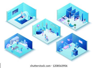 Medical clinic infographics with hospital hall interior, laboratory, surgery, physiotherapy, mri scanning, healthcare 3d isometric illustration wirh doctor, patient, diagnosis and treatment