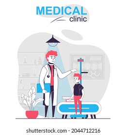 Medical clinic isolated cartoon concept. Pediatrician measures boy height, examines patient, people scene in flat design. Vector illustration for blogging, website, mobile app, promotional materials.