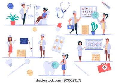Medical clinic isolated elements set. Bundle of patient at dentist and ophthalmologist office, x-ray room, scientists are studying DNA. Creator kit for vector illustration in flat cartoon design