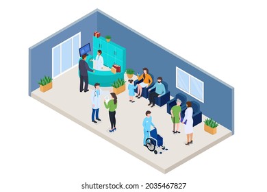 Medical clinic isometric concept, vector illustration. Man woman people character patient waiting in clinic office design. Doctor talk