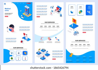 Medical clinic isometric landing page. Medical rehabilitation center, modern hospital corporate website design template. Web banner with header, middle content, footer. Isometry vector illustration.