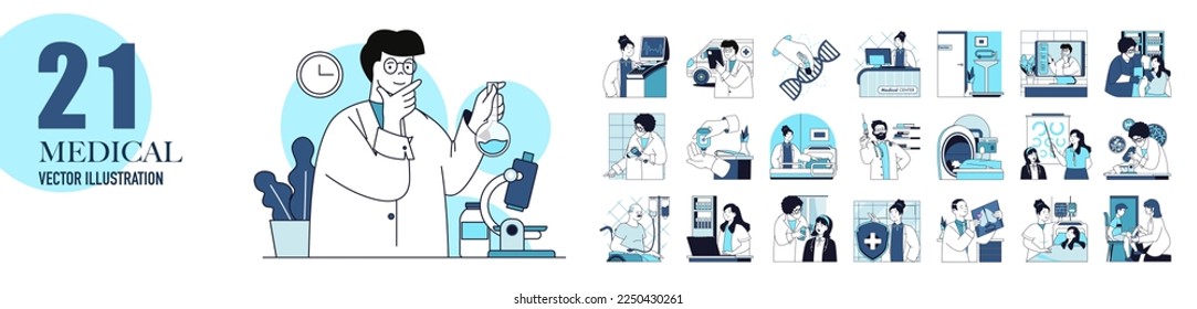 Medical clinic and laboratory concept with character situations collection. Bundle of scenes people doing tests and research, doctor consultation and diagnosis. Vector illustrations in flat web design