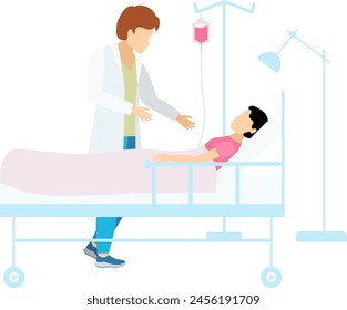 Medical clinic. A male doctor near a sick woman on a bed in a medical room. Doctors and nurses.