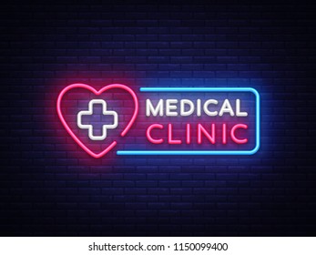 Medical Clinic neon signboard vector. Medical neon glowing symbol, Light Banner,   design element. Vector illustration